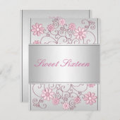 ライトシルバーメタル淡い色のピンクの花16誕生日 招待状 (正面/裏面)