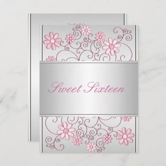 ライトシルバーメタル淡い色のピンクの花16誕生日 招待状 (正面/裏面)