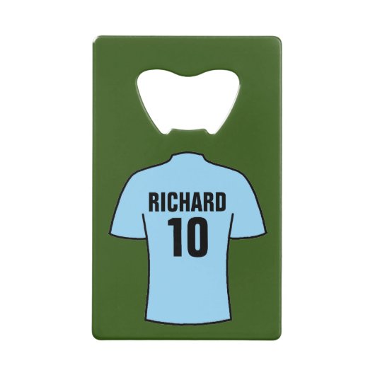 ライトスカイブルーのサッカーシャツ クレジットカード栓抜き (正面)