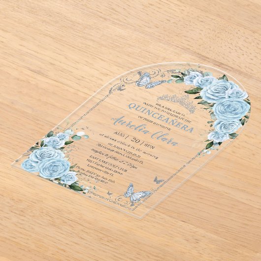 ライトスカイブルーバラフローラキンセアニラスウィート16 15 アクリル招待状 (レイダウン)