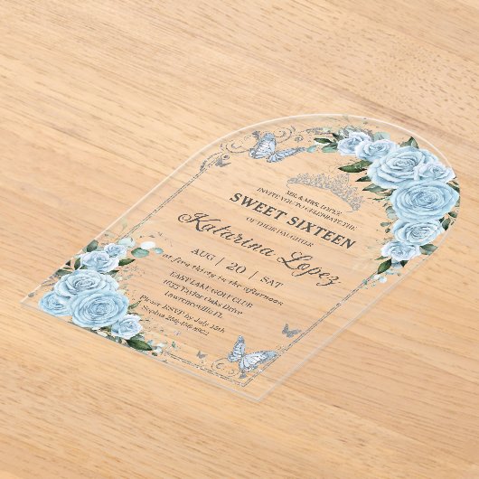 ライトスカイブルーバラフローラスウィート16 15キンセアニラ アクリル招待状 (レイダウン)