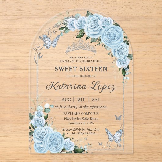 ライトスカイブルーバラフローラスウィート16 15キンセアニラ アクリル招待状 (正面)
