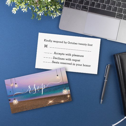 ライトスタイリッシュビーチサンセット熱帯rsvp結婚's ノートカード