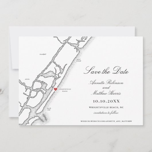 ライトズビルビーチNCマップブラックアンドホワイト結婚ズ セーブザデート (正面)