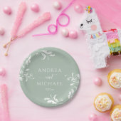 ライトセージ結婚グリーンズエレガントラグジュアリーフローリッシュ ペーパープレート (パーティー)