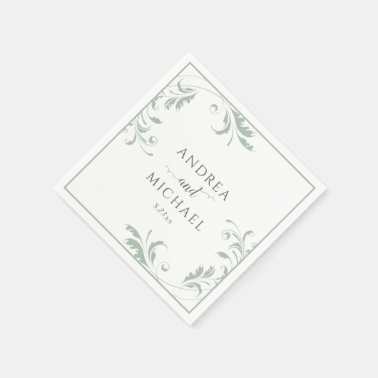 ライトセージ結婚グリーンズエレガントラグジュアリーフローリッシュN スタンダードカクテルナプキン (角)