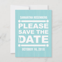 ライトターコイズの大きなフォントのバット・ミツバ祭りのSave the Date セーブザデート