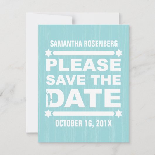 ライトターコイズの大きなフォントのバット・ミツバ祭りのSave the Date セーブザデート (正面)
