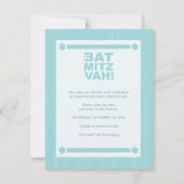 ライトターコイズの大きなフォントのバット・ミツバ祭りのSave the Date セーブザデート (裏面)