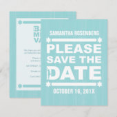 ライトターコイズの大きなフォントのバット・ミツバ祭りのSave the Date セーブザデート (正面/裏面)