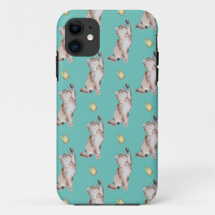ライトターコイズの黄色い蝶に手を伸ばす猫 iPhone 11 ケース