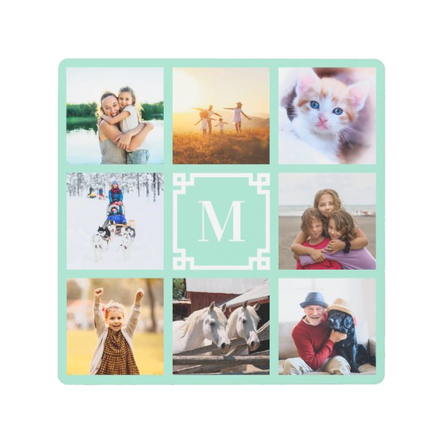 ライトターコイズグリークキー モノグラム 8 枚写真コラージュ メタルプリント (正面)