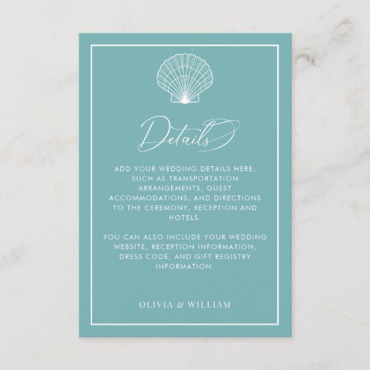 ライトターコイズブルーの貝殻ビーチウェディングの詳細 エンクロージャーカード (正面)