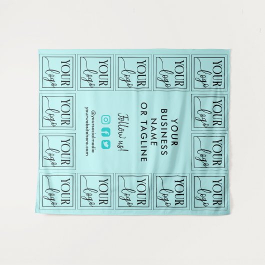 ライトターコイズロゴとソーシャルメディアの背景 タペストリー (正面(横))