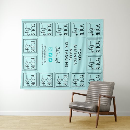 ライトターコイズロゴとソーシャルメディアの背景 タペストリー (インサイチュ(横))