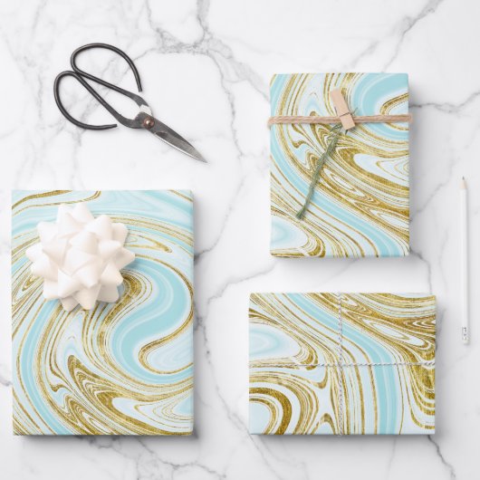 ライトターコイズ＆ゴールド大理石ルック ラッピングペーパーシート (正面)