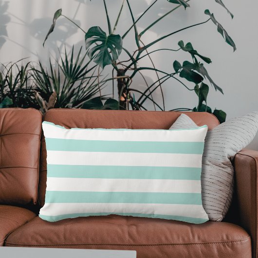 ライトターコイズ＆ホワイト ワイド水平ストライプ ランバークッション