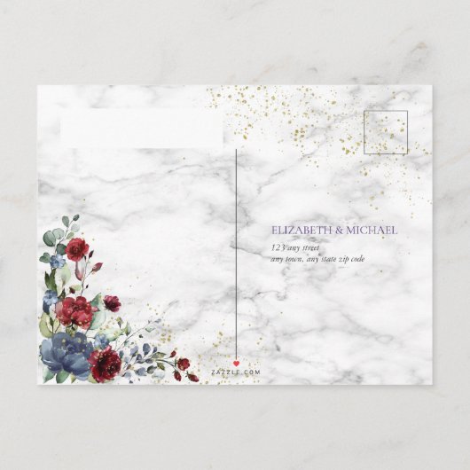 ライトダスティブルーバーガンディ金ゴールドウェディングRSVP インビテーションポストカード (裏面)