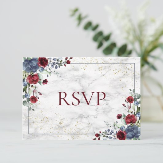 ライトダスティブルーバーガンディ金ゴールドウェディングRSVP 出欠カード (スタンド正面)