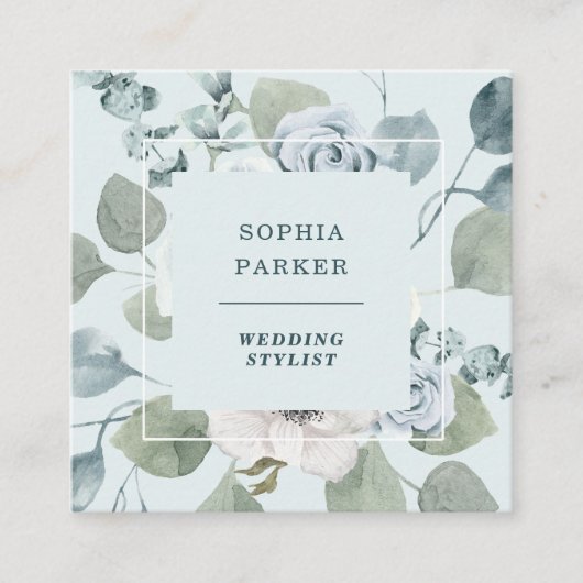 ライトダスティブルーフローラとユーカリ スクエア名刺 (正面)