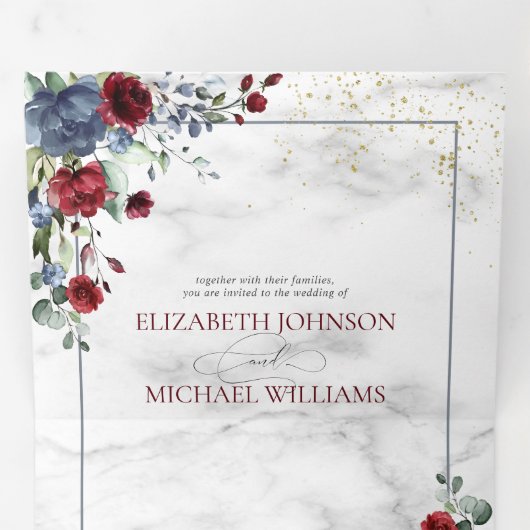 ライトダスティブルーブルゴーニュ結婚フローラの3つ折り 三つ折り招待状 (内部最初)