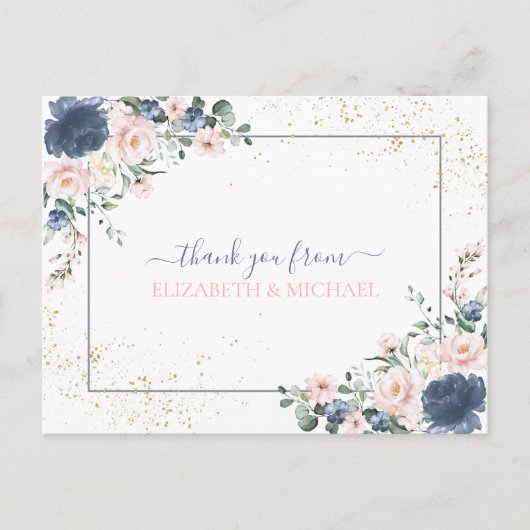 ライトダスティブルー赤面ピンク金ゴールドフローラありがとう ポストカード (正面)