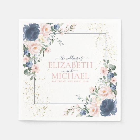ライトダスティブルー赤面ピンク金ゴールドフローラ結婚ズ スタンダードカクテルナプキン (正面)