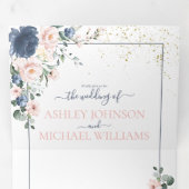 ライトダスティブルー赤面ピンク金ゴールドフローラ結婚ズ 三つ折り招待状 (内部最初)