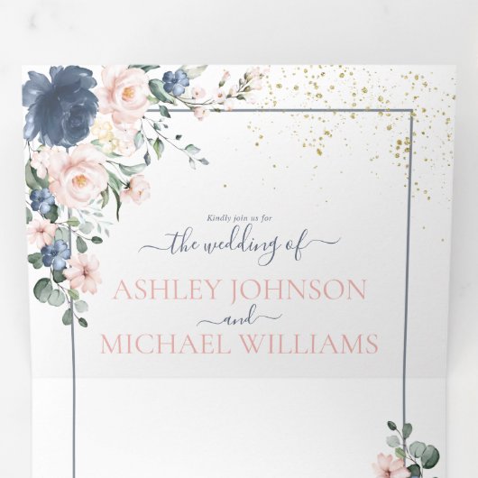 ライトダスティブルー赤面ピンク金ゴールドフローラ結婚ズ 三つ折り招待状 (内部最初)