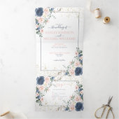 ライトダスティブルー赤面ピンク金ゴールドフローラ結婚ズ 三つ折り招待状 (内部)