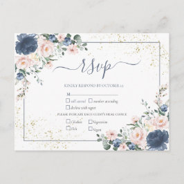 ライトダスティブルー赤面ピンク金ゴールドフローラRSVP インビテーションポストカード