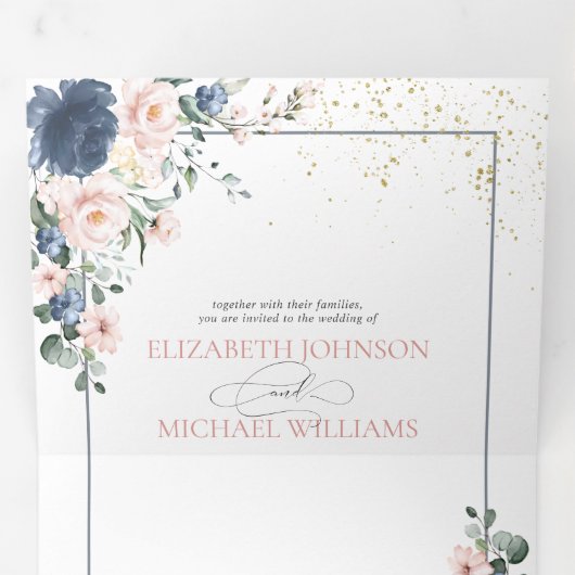 ライトダスティブルー赤面ピンク金ゴールド結婚フローラTr 三つ折り招待状 (内部最初)