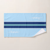 ライトダークブルーホワイトティール（緑がかった色）レーシングストライプズモノグラム バスタオルセット (ハンドタオル)