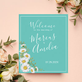 ライトティール（緑がかった色）とホワイトデイジー結婚ズウェルカム ポスター