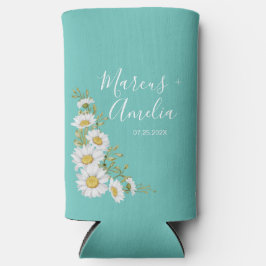 ライトティール（緑がかった色）とホワイトデイジー結婚ズ スリム缶クーラー