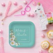 ライトティール（緑がかった色）とホワイトデイジー結婚ズ ペーパープレート (パーティー)