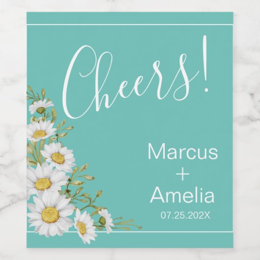 ライトティール（緑がかった色）とホワイトデイジー結婚ズ ワインラベル (シングルラベル)