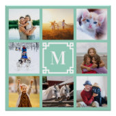 ライトティール(緑がかった色)ギリシャ鍵モノグラム8フォトコラージュ ポスター (正面)