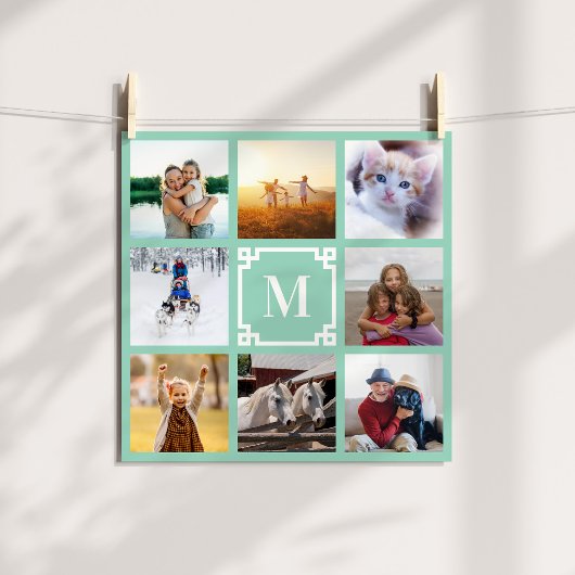 ライトティール(緑がかった色)ギリシャ鍵モノグラム8フォトコラージュ ポスター