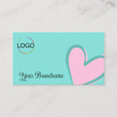 ライトティール（緑がかった色）ゴージャスなピンクのハートシックなロゴかわいい 名刺 (正面)