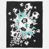 ライトティール(緑がかった色)ブラックサッカーボール星ガールズスポーツ フリースブランケット (正面)