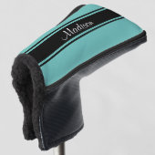 ライトティール（緑がかった色）ブラックストライプのスクリプト名モノグラム ゴルフヘッドカバー (3/4 正面)