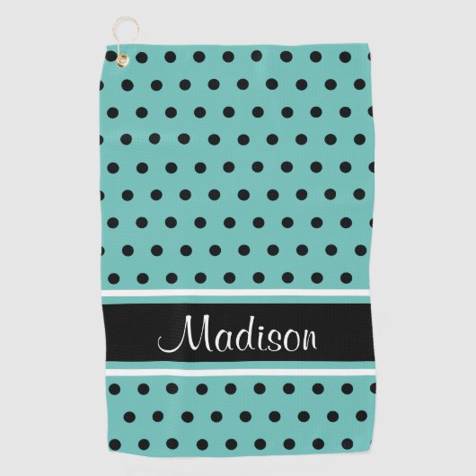 ライトティール（緑がかった色）ブラック水玉模様スストライプクリプト名 ゴルフタオル (正面)