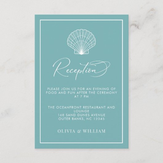 ライトティール(緑がかった色)ブルーシーシェルビーチ結婚式披露宴 エンクロージャーカード (正面)