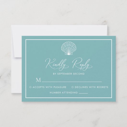 ライトティール（緑がかった色）ブルービーチシーシェルエレガントウェディング 出欠カード (正面)