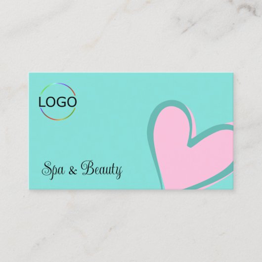 ライトティール（緑がかった色）ロゴと写真とゴージャスなピンクのハート 名刺 (正面)