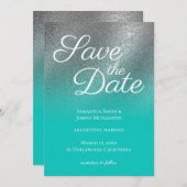 ライトティール(緑がかった色)素晴らしシルバーグラデーショングリッター保存日 招待状 (正面/裏面)