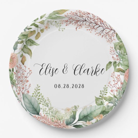 ライトテラコッタとセージ緑結婚牡丹のPa ペーパープレート (正面)