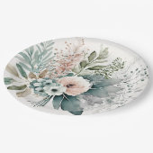 ライトテラコッタとセージ緑結婚牡丹 ペーパープレート (アングル)