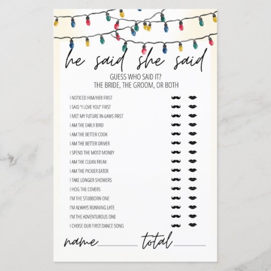 ライトテーマ彼は彼女はブライダルシャワーゲームと言った (正面)